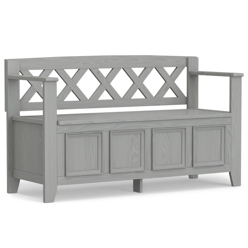 Banc de rangement en bois massif – Marron foncé / Gris / Blanc / Noir, avec couvercle à charnière, 2 places