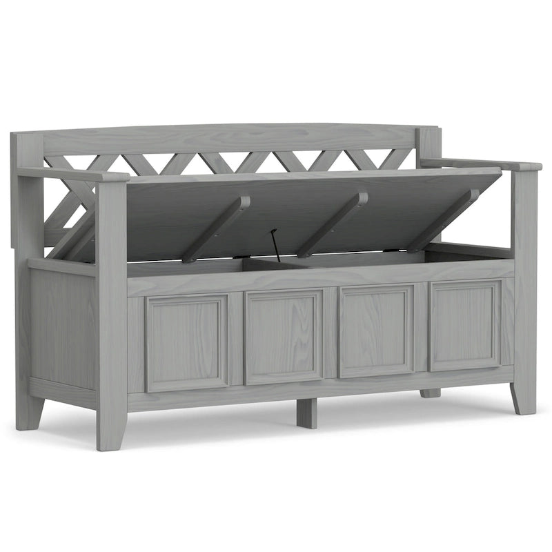 Banc de rangement en bois massif – Marron foncé / Gris / Blanc / Noir, avec couvercle à charnière, 2 places