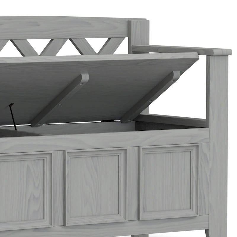 Banc de rangement en bois massif – Marron foncé / Gris / Blanc / Noir, avec couvercle à charnière, 2 places