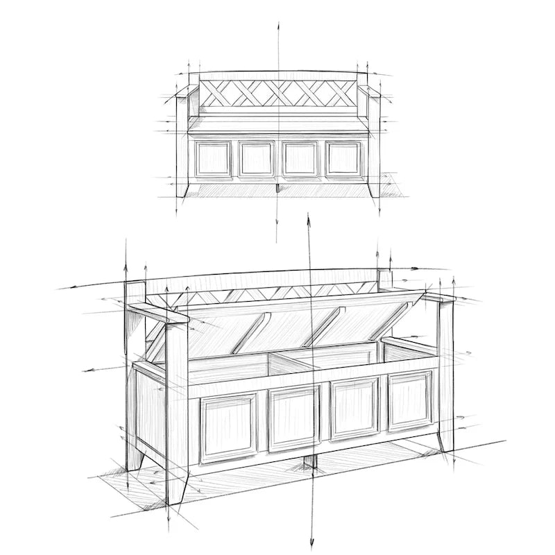 Banc de rangement en bois massif – Marron foncé / Gris / Blanc / Noir, avec couvercle à charnière, 2 places
