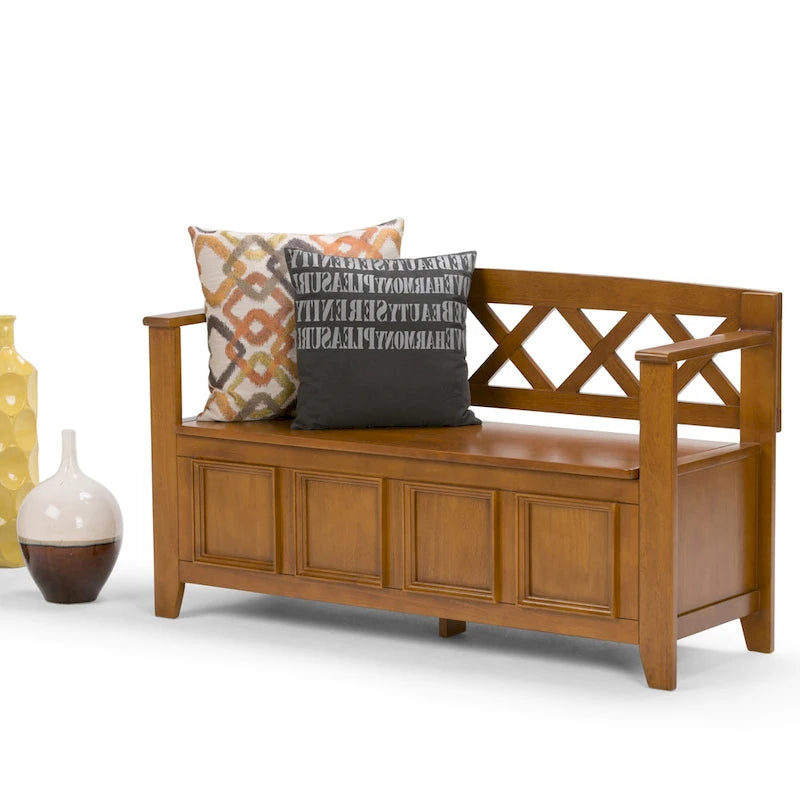 Banc de rangement en bois massif – Marron foncé / Gris / Blanc / Noir, avec couvercle à charnière, 2 places