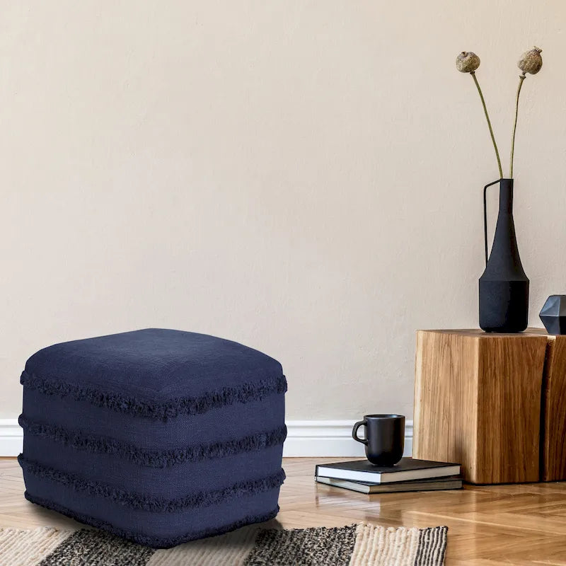 Pouf ottoman rayé en coton gris clair / marine / beige / bleu layette – 1 personne