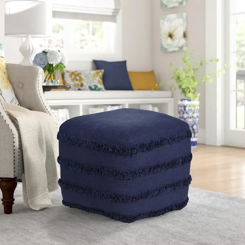 Pouf ottoman rayé en coton gris clair / marine / beige / bleu layette – 1 personne