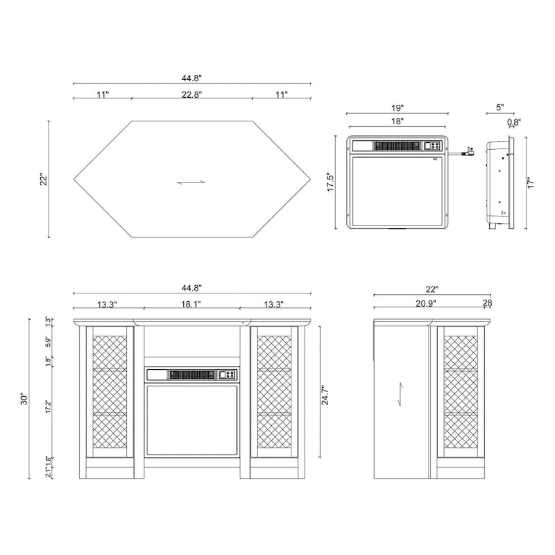 Meuble TV 113,8 cm avec cheminée électrique 45,7 cm et étagères — Blanc/Marron, 1 personne