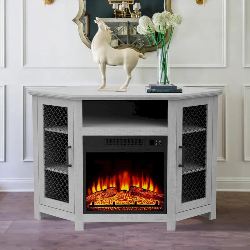 Meuble TV 113,8 cm avec cheminée électrique 45,7 cm et étagères — Blanc/Marron, 1 personne