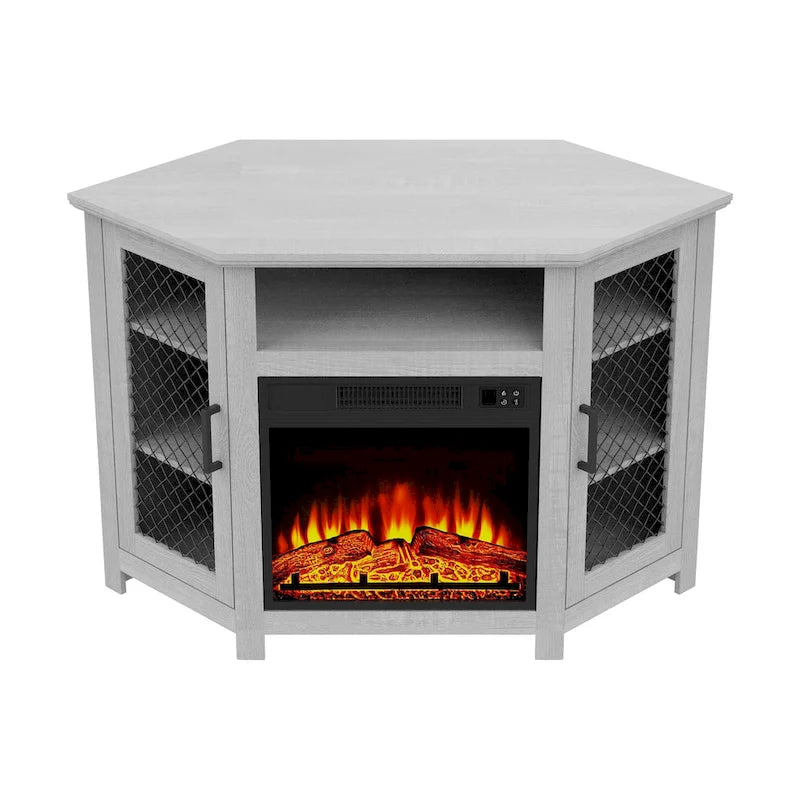 Meuble TV 113,8 cm avec cheminée électrique 45,7 cm et étagères — Blanc/Marron, 1 personne