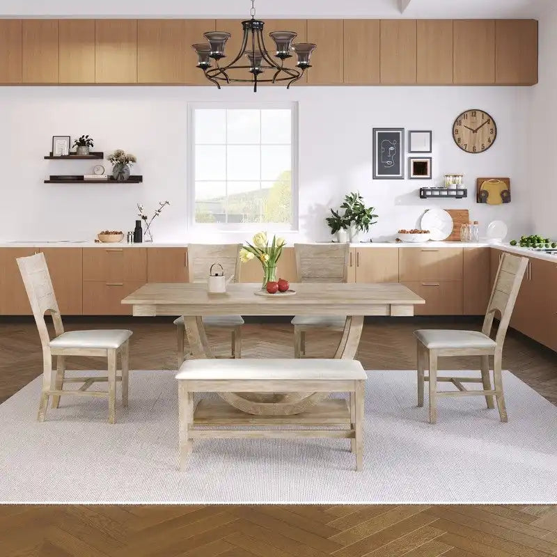 Ensemble de salle à manger moderne 6 places en bois naturel/gris, avec banc et 4 chaises