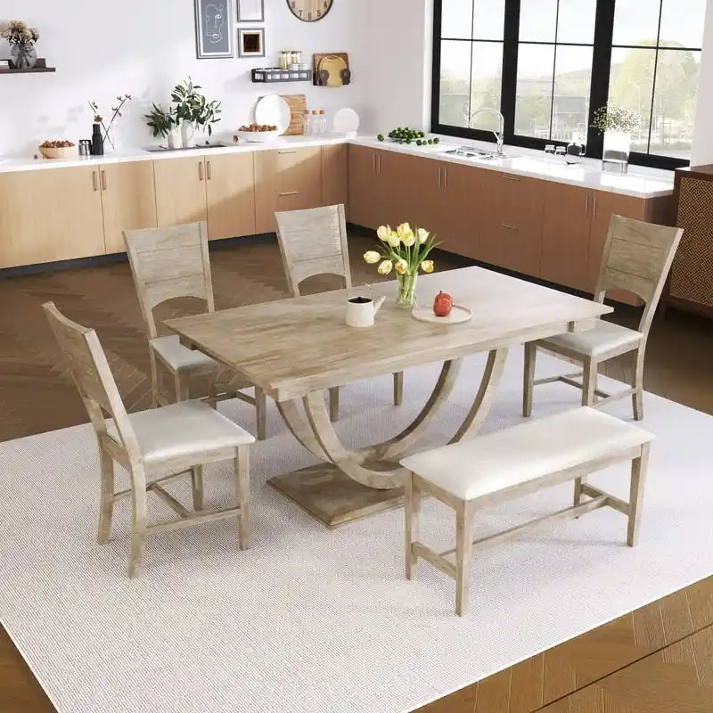 Ensemble de salle à manger moderne 6 places en bois naturel/gris, avec banc et 4 chaises