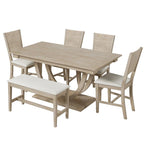 Ensemble de salle à manger moderne 6 places en bois naturel/gris, avec banc et 4 chaises
