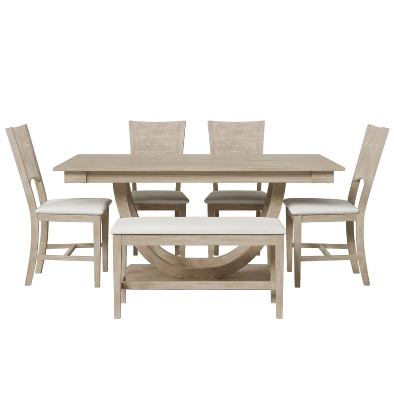 Ensemble de salle à manger moderne 6 places en bois naturel/gris, avec banc et 4 chaises