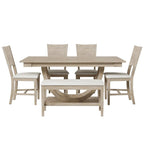 Ensemble de salle à manger moderne 6 places en bois naturel/gris, avec banc et 4 chaises