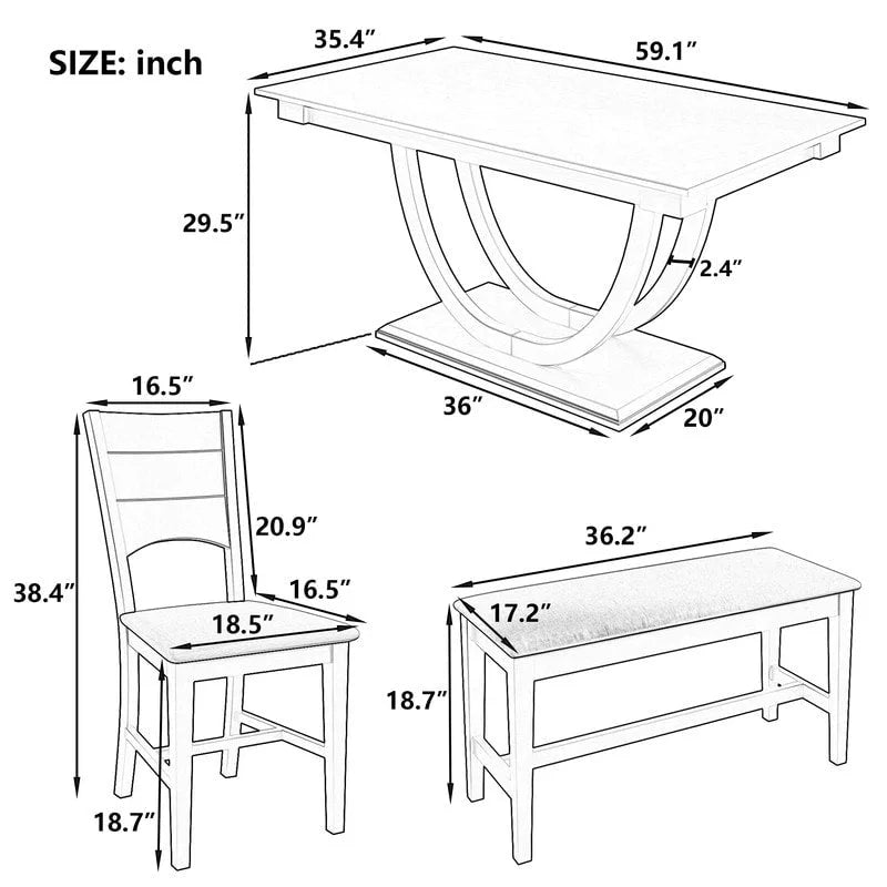 Ensemble de salle à manger moderne 6 places en bois naturel/gris, avec banc et 4 chaises