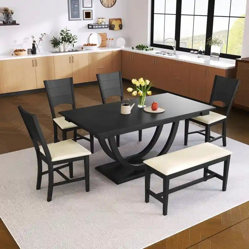 Ensemble de salle à manger moderne 6 places en bois naturel/gris, avec banc et 4 chaises