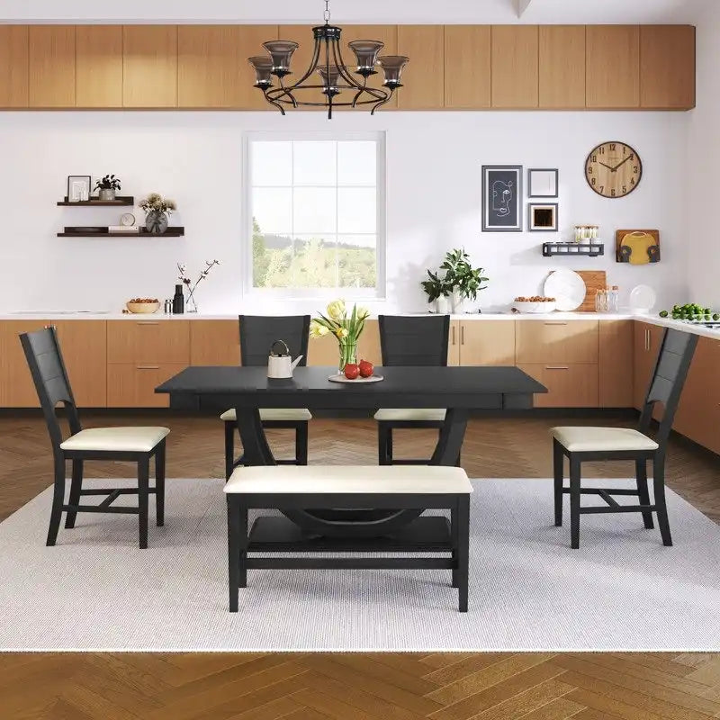 Ensemble de salle à manger moderne 6 places en bois naturel/gris, avec banc et 4 chaises