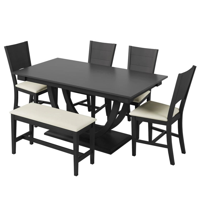 Ensemble de salle à manger moderne 6 places en bois naturel/gris, avec banc et 4 chaises