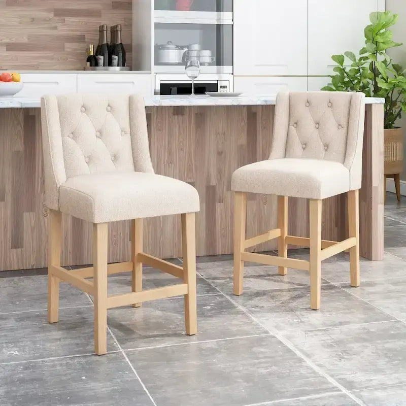 Tabourets de comptoir à dossier haut capitonnés, lot de 2 – Beige / Gris clair / Bleu clair
