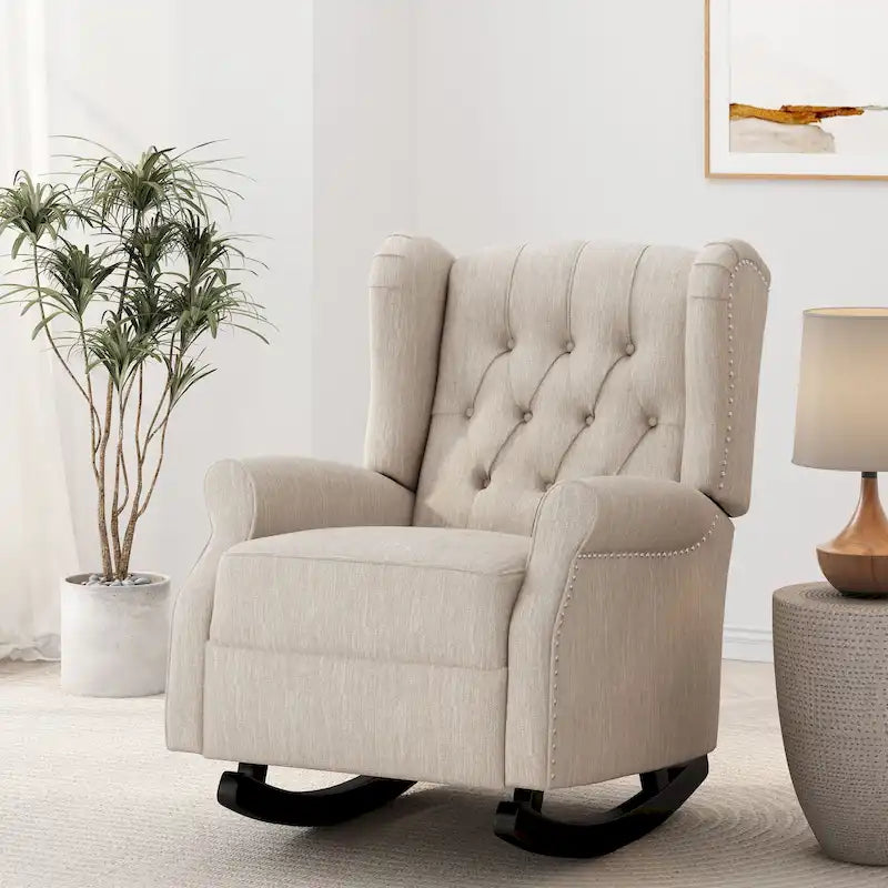 Fauteuil à bascule à oreilles, 1 place, en tissu beige/gris et marron foncé