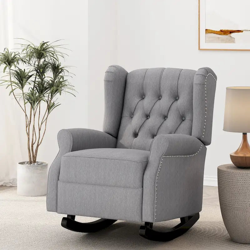 Fauteuil à bascule à oreilles, 1 place, en tissu beige/gris et marron foncé