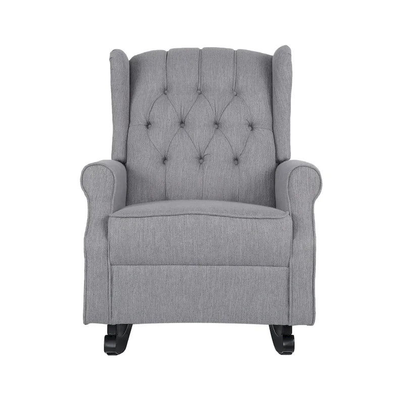 Fauteuil à bascule à oreilles, 1 place, en tissu beige/gris et marron foncé