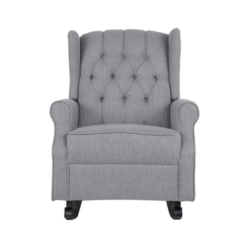 Fauteuil à bascule à oreilles, 1 place, en tissu beige/gris et marron foncé