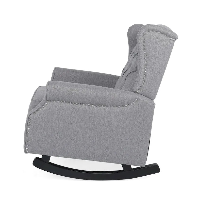 Fauteuil à bascule à oreilles, 1 place, en tissu beige/gris et marron foncé