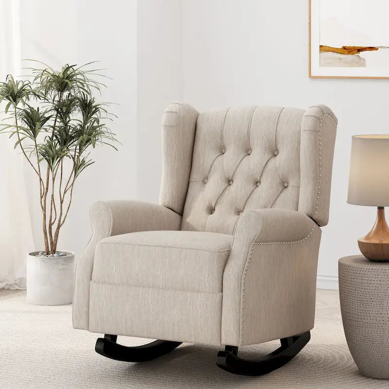 Fauteuil à bascule à oreilles, 1 place, en tissu beige/gris et marron foncé
