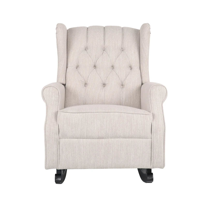 Fauteuil à bascule à oreilles, 1 place, en tissu beige/gris et marron foncé