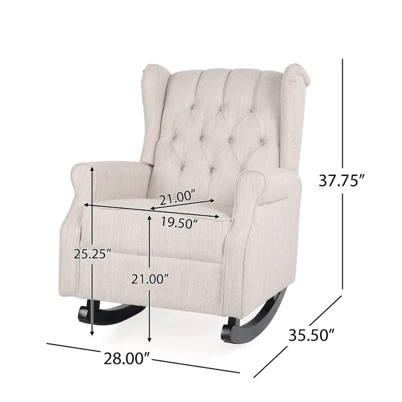 Fauteuil à bascule à oreilles, 1 place, en tissu beige/gris et marron foncé