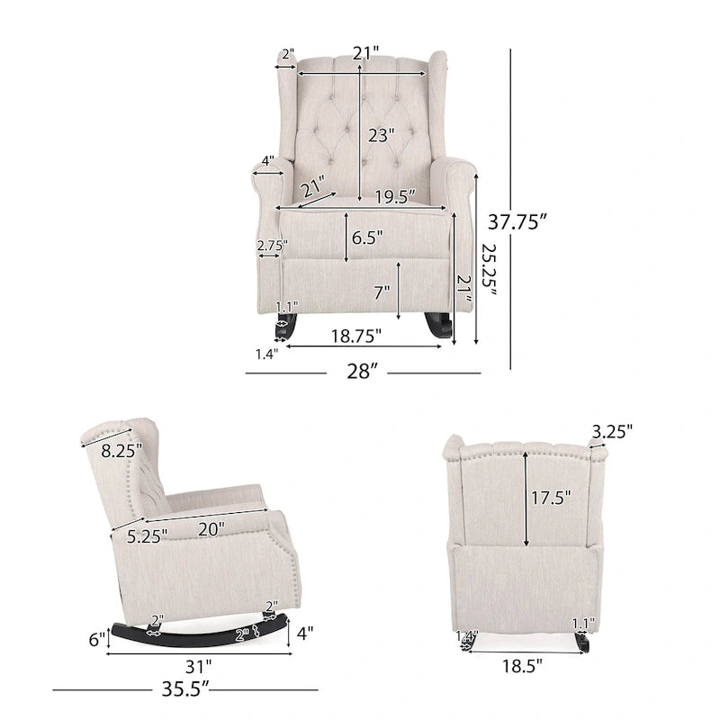 Fauteuil à bascule à oreilles, 1 place, en tissu beige/gris et marron foncé
