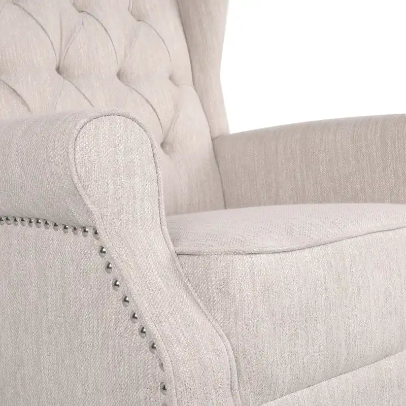 Fauteuil à bascule à oreilles, 1 place, en tissu beige/gris et marron foncé