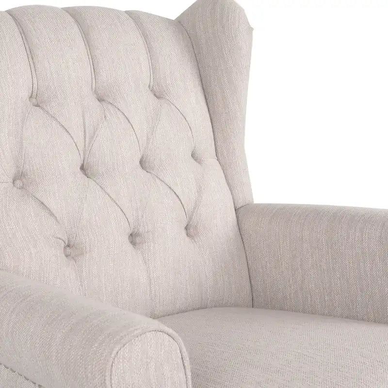 Fauteuil à bascule à oreilles, 1 place, en tissu beige/gris et marron foncé