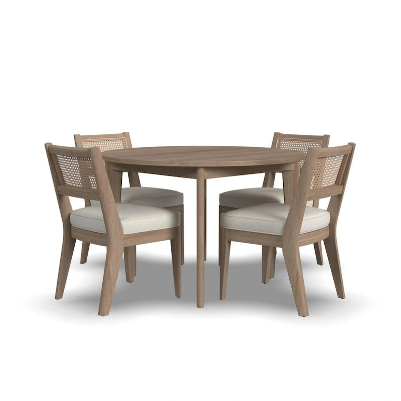 Ensemble table à manger ronde marron et 4 chaises dossier cannage, style milieu de siècle