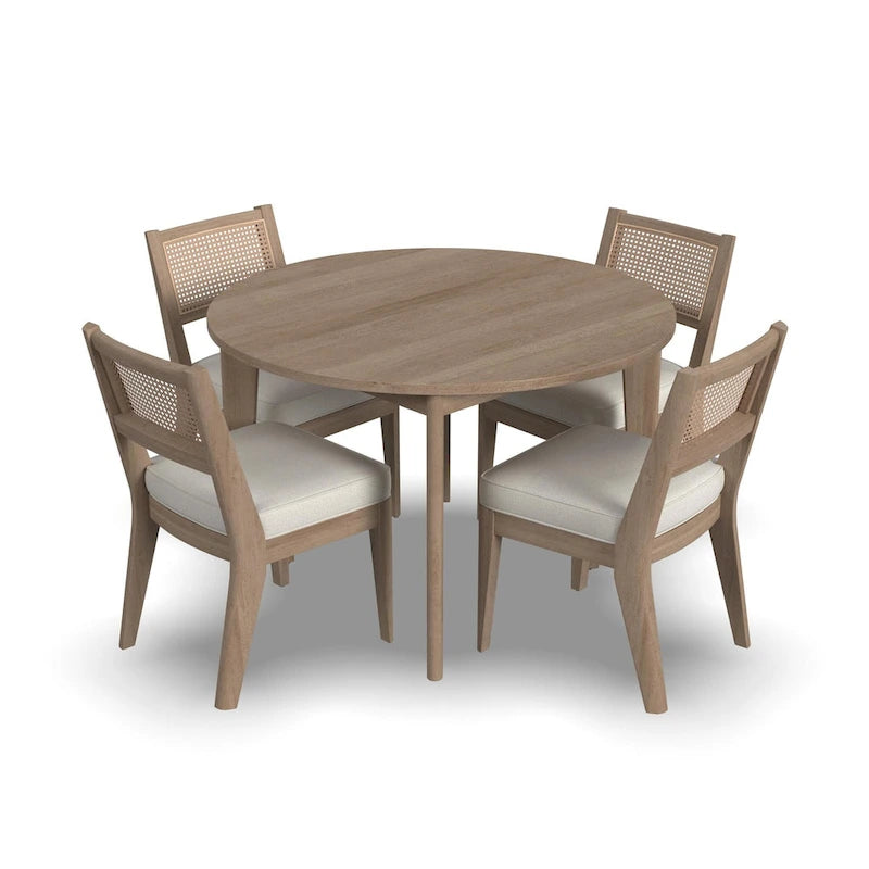 Ensemble table à manger ronde marron et 4 chaises dossier cannage, style milieu de siècle