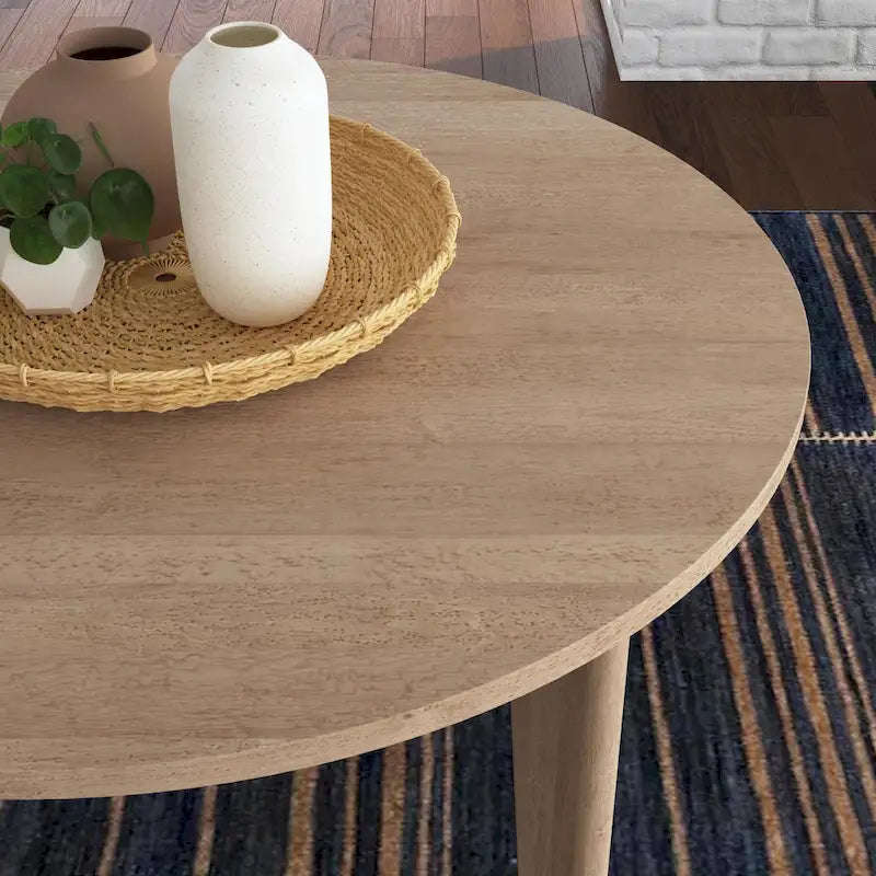 Ensemble table à manger ronde marron et 4 chaises dossier cannage, style milieu de siècle