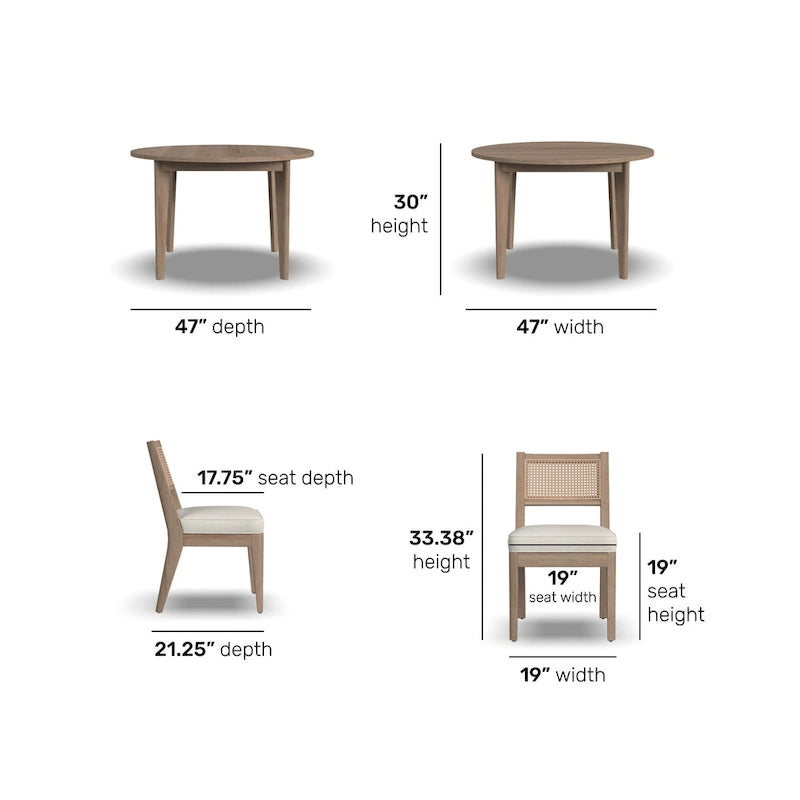 Ensemble table à manger ronde marron et 4 chaises dossier cannage, style milieu de siècle