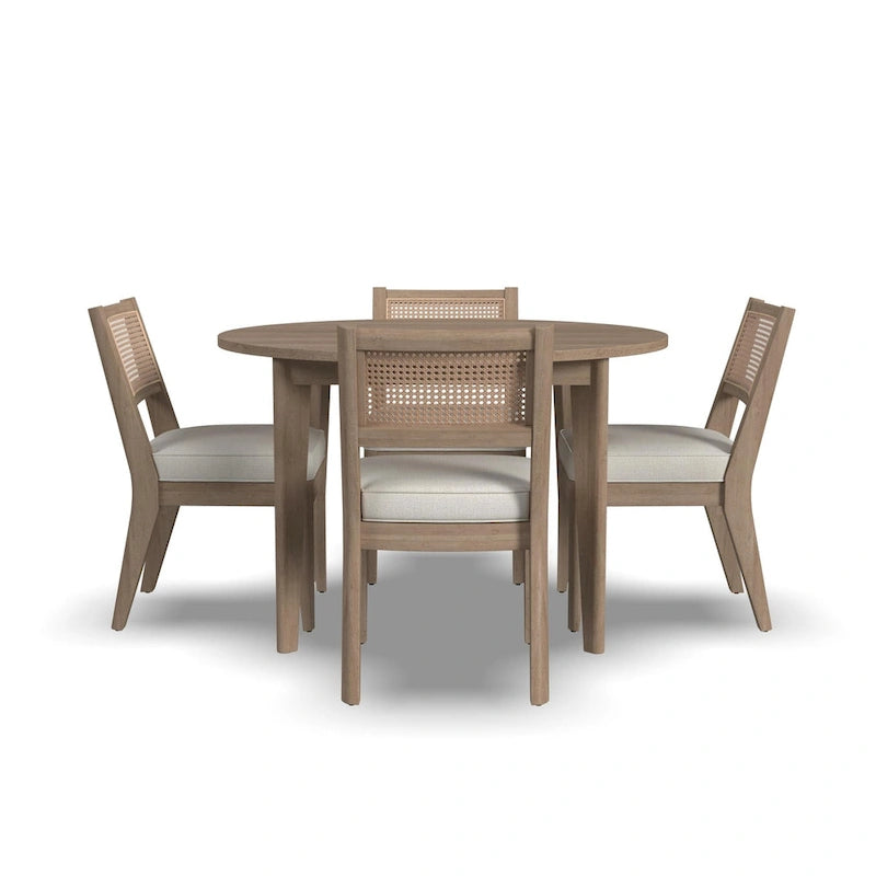 Ensemble table à manger ronde marron et 4 chaises dossier cannage, style milieu de siècle