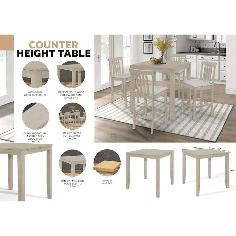 Table de salle à manger carrée hauteur comptoir, 4 places, gris antique
