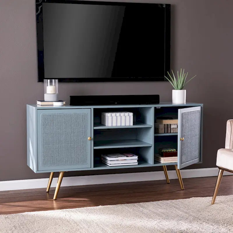 Meuble TV en rotin menthe/doré pour téléviseurs jusqu'à 56" – Console média à 2 placards