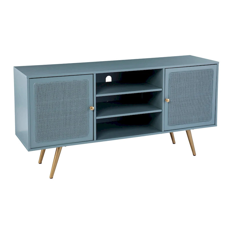Meuble TV en rotin menthe/doré pour téléviseurs jusqu'à 56" – Console média à 2 placards