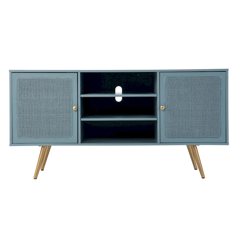 Meuble TV en rotin menthe/doré pour téléviseurs jusqu'à 56" – Console média à 2 placards