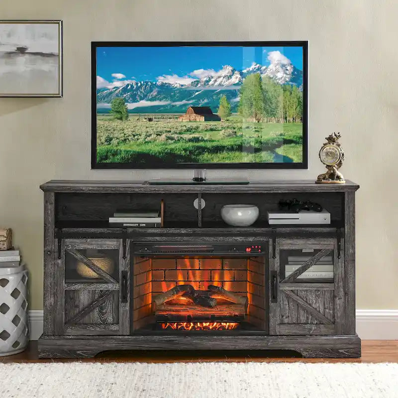 Meuble TV avec cheminée électrique 60", marron/gris/blanc, convient aux téléviseurs jusqu'à 70"