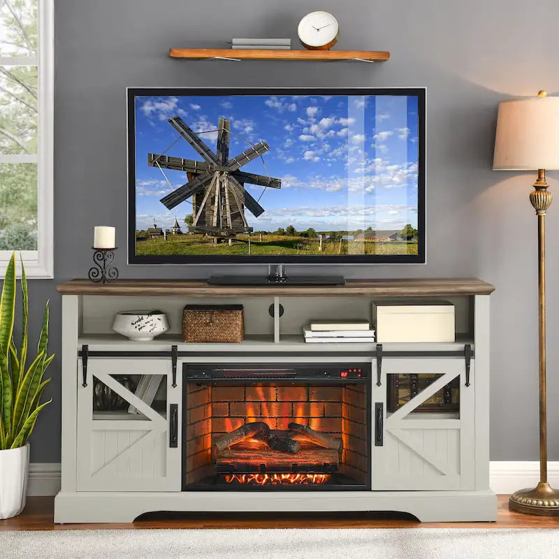 Meuble TV avec cheminée électrique 60", marron/gris/blanc, convient aux téléviseurs jusqu'à 70"