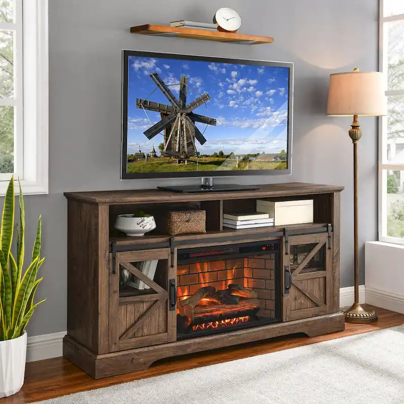 Meuble TV avec cheminée électrique 60", marron/gris/blanc, convient aux téléviseurs jusqu'à 70"