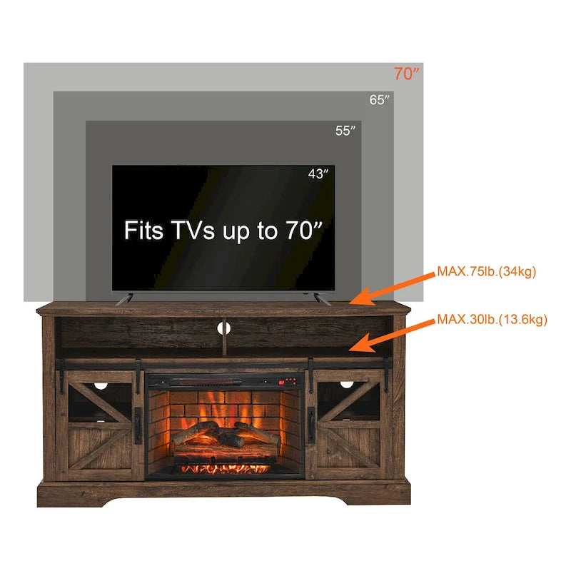 Meuble TV avec cheminée électrique 60", marron/gris/blanc, convient aux téléviseurs jusqu'à 70"