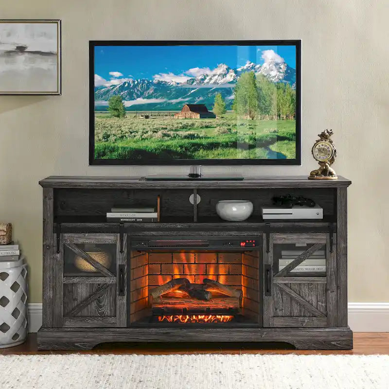 Meuble TV avec cheminée électrique 60", marron/gris/blanc, convient aux téléviseurs jusqu'à 70"