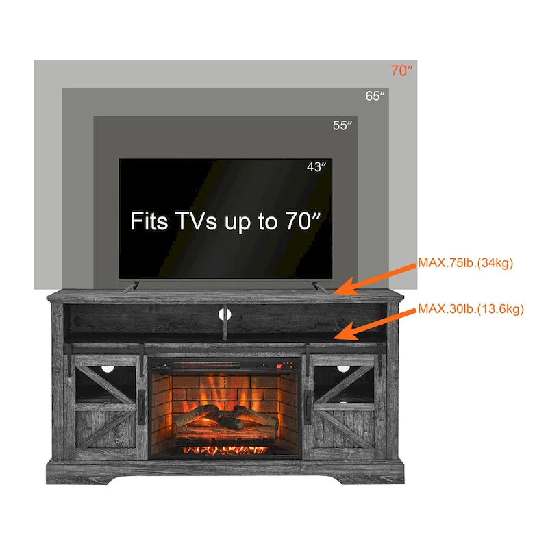 Meuble TV avec cheminée électrique 60", marron/gris/blanc, convient aux téléviseurs jusqu'à 70"