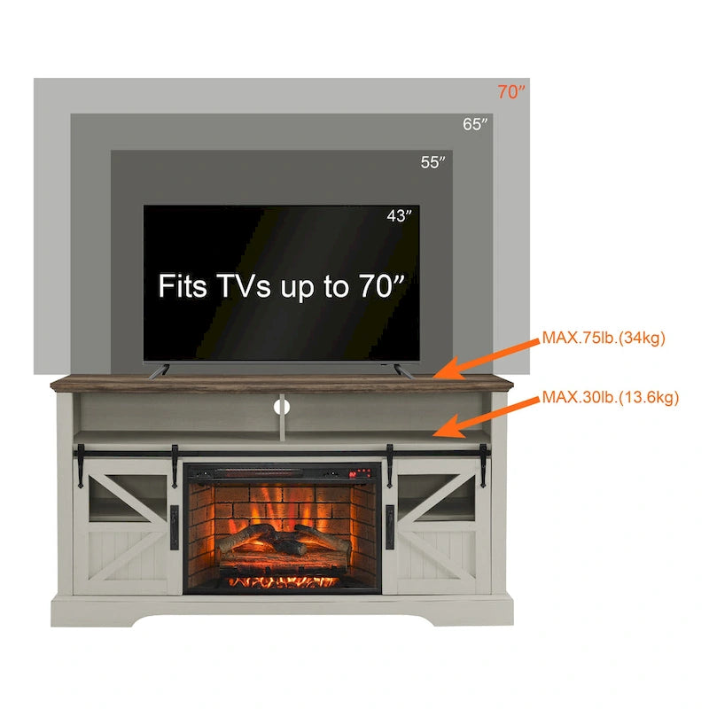 Meuble TV avec cheminée électrique 60", marron/gris/blanc, convient aux téléviseurs jusqu'à 70"