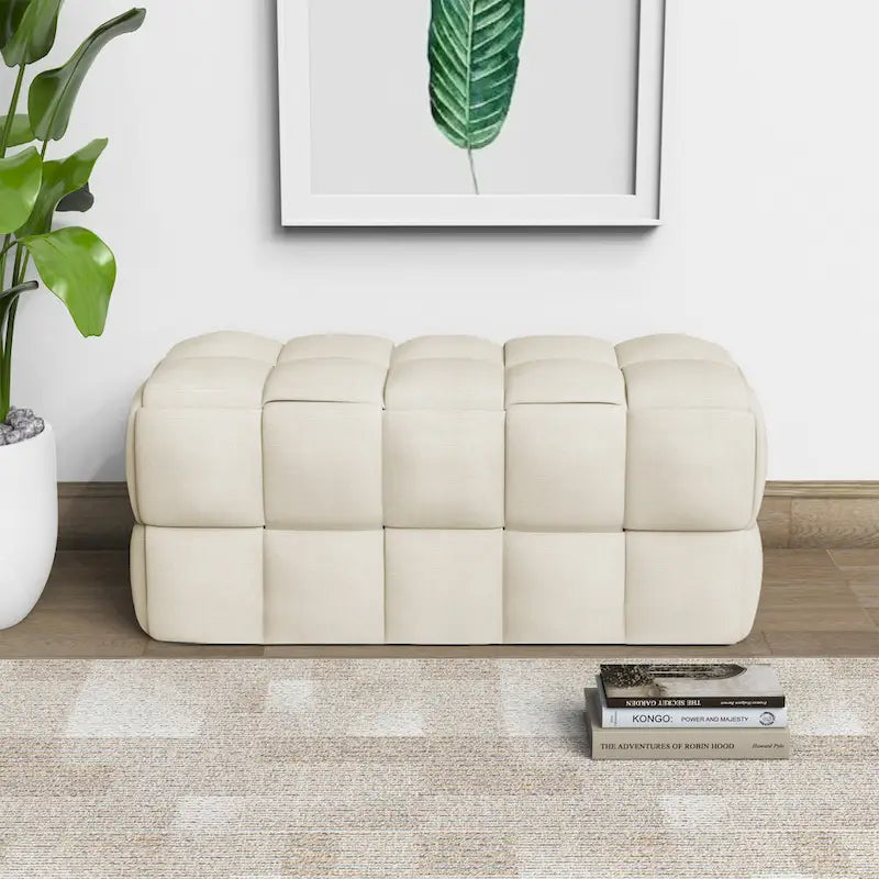 Banc rembourré bleu / gris / naturel — Tressage caisson, une place