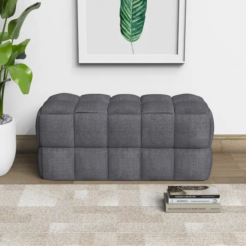 Banc rembourré bleu / gris / naturel — Tressage caisson, une place