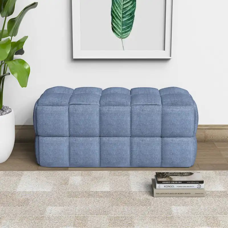 Banc rembourré bleu / gris / naturel — Tressage caisson, une place